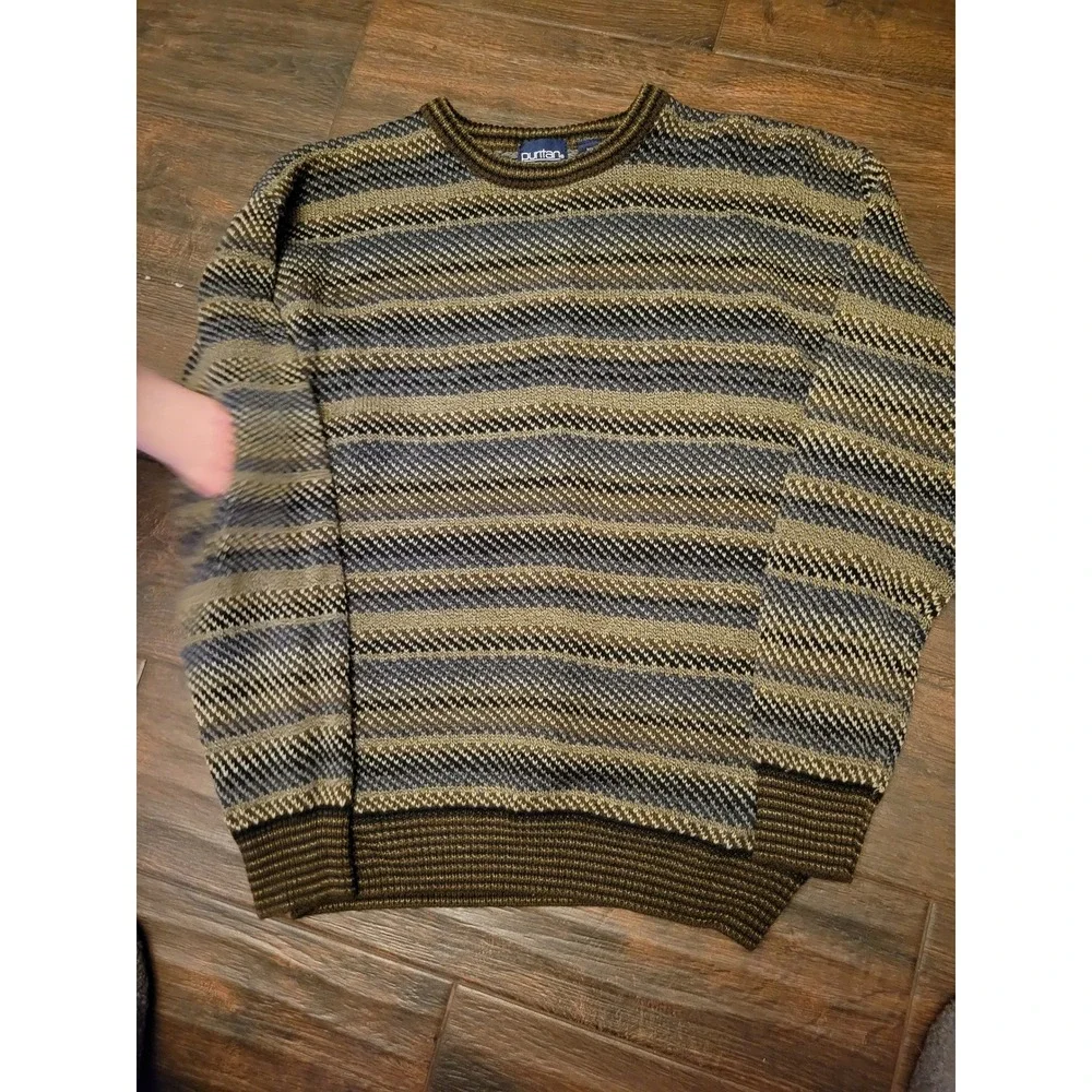 Puritan Vintage Mens Small Striped Knit Sweater Brown Blue Crew Neck  1319